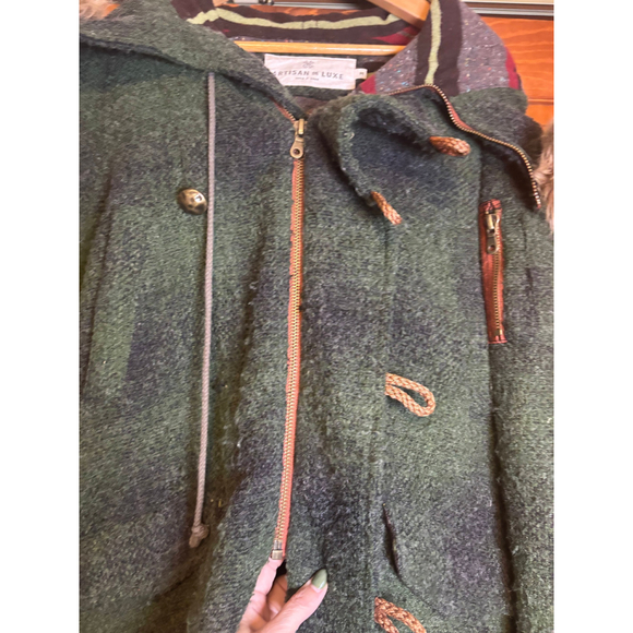 Artisan de Luxe Coat Toggle Closure Faux Fur Hood Multi Pocket Green/Brown M M - Picture 11 of 16